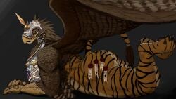 armor ass beak big_ass chimera claws deathclaw_(warhammer_fantasy) feathered_wings feathers feral griffin hladilnick hladilnik muscular pose purity_seal smile smiling solo solo_focus tail tiger tiger_print total_war:_warhammer warhammer_(franchise) warhammer_fantasy wings