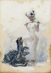 20th_century ambiguous_gender ancient_art bourgeois breasts clothing dragon female femdom feral fine_art footwear footwear_only group heinrich_kley human lizard mammal mostly_nude nude public_domain reptile riding_crop scalie shoes shoes_only solo_focus suggestive trio whip