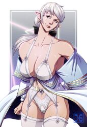 1girls ameliance_leveilleur big_breasts bowtie breasts brown_eyes cheating cheating_wife doodle earrings elezen elf elf_ears elf_female final_fantasy final_fantasy_xiv juno-6 lingerie milf nipples nude nude_female pale-skinned_female pale_skin pointy_ears sketch smile smiling square_enix thick_thighs undressing white_hair