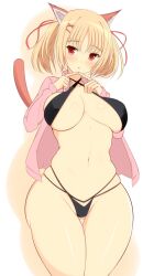 animal_ears bikini black_bikini blonde_hair blush breasts cat_ears cat_tail collarbone covered_erect_nipples criss-cross_halter female fingers_together hair_ornament hair_ribbon hairclip halterneck large_breasts navel noeomi open_clothes open_mouth open_shirt original pink_shirt red_eyes ribbon shirt short_hair simple_background sling_bikini_top solo swimsuit tail twintails