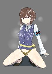 1girls black_eyes bottomless brown_hair bukkake cum cum_on_body cumming heels kimberly_(little_witch_academia) kneeling little_witch_academia oksandio panties school_uniform simple_background tagme