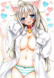 :p absurdres ahoge animal_ears bell blue_eyes bow bow_panties breasts cat_ears cat_tail choker cleavage collar female female grey_hair heart highres hmdark-9 jingle_bell long_hair looking_at_viewer naked_shirt navel no_bra original panties paw_pose shirt sleeves_past_wrists solo striped striped_panties tail tongue tongue_out traditional_media underwear very_long_hair white_shirt