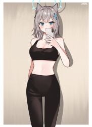 abydos_high_school_student blue_archive female female_focus foreclosure_task_force_(blue_archive) gray_hair heterochromatic_pupils leggings navel shiroko_(blue_archive) sports_bra sportswear tagme tagme_(artist) white_pupil wolf_ears