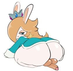 anthro ass balls bedroom_eyes big_ass big_butt blue_eyes butt clothing crown dat_ass dickgirl dress earrings futa_only futanari genitals hair hair_over_one_eye hi_res huge_butt intersex kingofacesx kneeling lagomorph leporid lips long_hair looking_back mammal mario_(series) mario_+_rabbids mario_+_rabbids:_sparks_of_hope nintendo penis penis_backwards platinum_blonde_hair rabbid rabbid_rosalina rabbit raving_rabbids shortstack solo star_earrings thick thick_ass thick_hips thick_thighs tiara ubisoft v1futa video_games white_background wide_hips