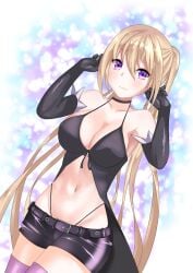 1girls babydoll big_breasts blonde_hair busty cleavage female female_only large_breasts lieselotte_sherlock long_hair looking_at_viewer midriff navel purple_eyes shorts smile solo thong trinity_seven twintails