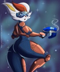 1girls 2021 5:6 among_us anthro armor ass blue-tinted_eyewear breasts cinderace clothed female fur futuristic highres jmf lagomorph nintendo pokémon_(species) pokemon solo space tagme thick_thighs tinted_eyewear video_games visor weapon white_fur