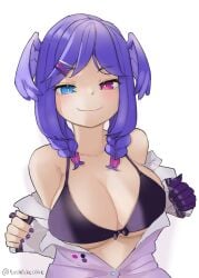 1girls 2022 big_breasts bra dragon_girl exposed_shoulders eyes eyes_open female female_only girl hair_wings heterochromia human looking_at_viewer nijisanji nijisanji_en open_eyes opening_shirt purple_hair selen_tatsuki showing_off smile smiling smug twin_braids unbuttoned_shirt virtual_youtuber