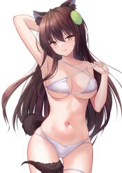 :q absurdres animal_ears arm_behind_head arm_up armpits bare_shoulders bikini brown_hair closed_mouth criss-cross_halter female female fox_ears fox_girl fox_tail halter_top halterneck highres long_hair looking_at_viewer original shenqi_(toid310) smile solo string_bikini swimsuit tail tongue tongue_out white_bikini yellow_eyes