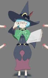 1girls blue_hair blush bukkake clothed cum cum_on_body cumming cumshot edit edited glasses hat little_witch_academia multiple_penises oksandio samantha_badcock twitching_penis