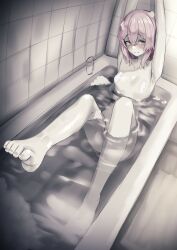 armpits arms_up barefoot bath bathing bathtub completely_nude creative_censorship looking_at_viewer naked neroshi nijisanji nijisanji_en nude_female partially_submerged petite pink_eyes pink_hair rosemi_lovelock sketch slender small_breasts solo_female virtual_youtuber water