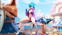 1girls 3d bikini black_bikini black_socks blue_eyes blue_hair evie_(paladins) female female_only gloves paladins pink_lipstick ponytail purple_jacket socks solo tagme white_shoes yazanios