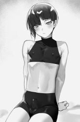 1boy black_and_white blush erection femboy girly gym_uniform looking_at_viewer male male_only morimiya_(kuroro) nahobino_(smt) nipple_bulge nipples penis penis_under_clothes protagonist_(shin_megami_tensei_v) shin_megami_tensei shin_megami_tensei_v shorts sitting solo spats tight_clothing