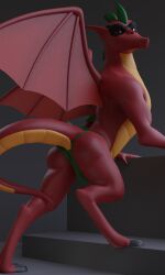 3d_(artwork) absurd_res american_dragon:_jake_long anthro ass bottomwear claws clothed clothing digital_media_(artwork) disney dragon hi_res jake_long looking_at_viewer looking_back male male_only membrane_(anatomy) membranous_wings no-name-no-problem presenting presenting_hindquarters raised_tail red_body scalie simple_background skimpy solo western_dragon wings