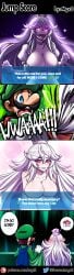 2022 accidental_exposure assisted_exposure big_breasts blush boosette breasts cleavage covering_breasts dialogue embarrassed ghost_girl huge_breasts humor luigi luigi's_mansion mario_(series) mgx0 new_super_mario_bros._u_deluxe nintendo purple_eyes shy speech_bubble tagme text unexpectedly_good white_hair wholesome