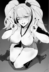 bra bra_removed breasts condom cum cum_on_face danganronpa danganronpa:_trigger_happy_havoc danganronpa_1 discarded_clothing exposed_breasts female_only junko_enoshima large_breasts meribel monochrome no_panties open_clothes panties panties_removed straight_hair used_condom