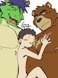 3boys 41raco anthro asian_mythology blue_hair blush brown_body brown_fur closed_eyes crescent_(shape) dragon east_asian_mythology eastern_dragon embrace fur gay green_body group hair hi_res hiroyuki_(morenatsu) horn hug human human_on_anthro interspecies juuichi_mikazuki larger_anthro larger_male long_hair male male/male male_only mammal morenatsu multicolored_body musclegut muscular muscular_anthro muscular_male mythology nipples nude open_mouth pec_grasp pec_smothering pecs sandwiched scalie shirako signature size_difference smaller_human smaller_male tatsuki_(morenatsu) trio ursid video_games visual_novel yaoi yellow_body