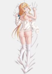 absurdres ailu_elf alice_schuberg bare_shoulders barefoot bed_sheet blonde_hair blue_eyes braid braided_ponytail breasts dakimakura_design dress feet female hair_intakes hairband highres long_hair looking_at_viewer nipples no_shoes panties pussy soles sword_art_online uncensored underwear very_long_hair white_dress white_hairband white_panties