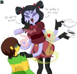 1girls 2d body_swap deltarune dez-a-sketch english_text female humanoid kris_(deltarune) muffet multi_arm multi_limb spider tagme talking text undertale undertale_(series)