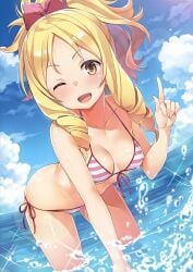 bikini blonde_hair bow eromanga_sensei female female_focus hips nipple_bulge pale_skin pointing small_breasts smooth_skin splashing tagme tagme_(artist) thighs thin_waist water wet wink yamada_elf yellow_eyes younger_female