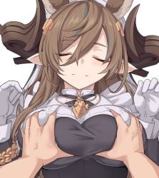 breast_grab closed_eyes clothed female female_focus galleon_(granblue_fantasy) gran_(granblue_fantasy) granblue_fantasy horns shiseki_hirame