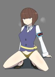 1girls black_eyes bottomless brown_hair heels kimberly_(little_witch_academia) kneeling little_witch_academia oksandio panties school_uniform simple_background tagme