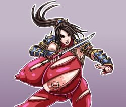 1girls erect_nipples_under_clothes female female_focus gigantic_breasts huge_breasts huge_nipples hyper_breasts light-skinned_female light_skin long_hair massive_breasts nipple_slip nipples puffy_nipples ripped_clothing soul_calibur superbustycartoon taki thick_thighs tight_clothing voluptuous