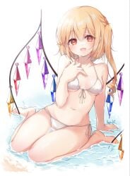 1girls artist_name bangs bare_arms bare_legs bare_shoulders barefoot bikini blonde_hair bow bra breasts collarbone crystal eyes_visible_through_hair fang flandre_scarlet hair_between_eyes hand_on_own_chest hand_up haruki_(colorful_macaron) jewelry looking_at_viewer multicolored_wings navel no_hat no_headwear ocean one_side_up open_mouth panties red_eyes sand seiza short_hair simple_background sitting small_breasts smile solo stomach swimsuit toenails tongue touhou underwear water wet white_background white_bikini white_bow white_bra white_panties wings