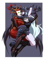 artist_request bodysuit bondage claws computer_virus_(species) demon_girl demon_rape demoness digimon dominatrix green_eyes hexadecimal ladydevimon latex lezdom long_hair reboot red_eyes rope smiling tagme tagme_(artist) yuri