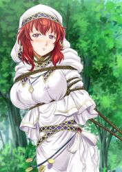 1girls bondage breasts covered_nipples female female_only femsub fire_emblem fire_emblem:_mystery_of_the_emblem fire_emblem:_shadow_dragon_and_the_blade_of_light forest frown large_breasts leash lena_(fire_emblem) medium_hair nao_takami nintendo nipple_bulge nun outdoors pink_eyes red_hair rope rope_bondage solo