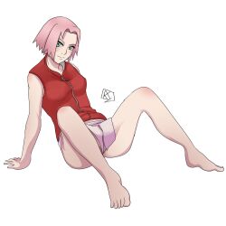 1girls aldwelter arm_support barefoot blush breasts female female_only green_eyes long_hair looking_at_viewer mostly_nude naruto naruto_(series) naruto_shippuden no_panties partially_clothed partially_visible_vulva sakura_haruno shirt sitting skirt sleeveless sleeveless_shirt solo solo_female solo_focus spread_legs tease teasing toes