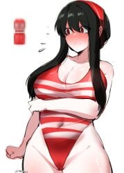 1girls arm_under_breasts belly big_breasts black_hair blush cosplay covered_navel embarrassed female female_only highleg_swimsuit kurenaiz1 looking_away navel onahole red_eyes red_swimsuit red_swimwear signature spy_x_family standing striped_swimsuit striped_swimwear swimsuit tagme tenga white_background yor_briar