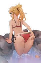 absurdres ass ass_cleavage ass_focus bent_over bikini blonde_hair breasts butt_crack fate/apocrypha fate/grand_order fate_(series) female green_eyes hair_ornament hair_scrunchie hand_on_own_ass highres kiritzugu long_hair looking_at_viewer looking_back mordred_(fate) mordred_(fate/apocrypha) mordred_(swimsuit_rider) onsen ponytail raised_eyebrows rubber_duck scrunchie side-tie_bikini sidelocks solo swimsuit thighs wading water