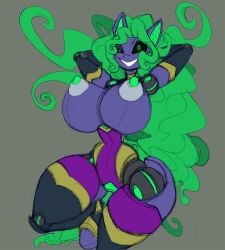 anthro anthrofied big_breasts black_sclera breasts earth_pony equid equine female friendship_is_magic genitals green_eyes green_hair green_inner_ear green_tail grin hair hasbro hi_res horse huge_breasts imric1251 machine mammal mane-iac_(mlp) my_little_pony nipples pony pose purple_body pussy robot smile thick_thighs wavy_hair wide_hips