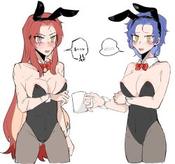 blue_hair bowtie bunnysuit chesed gebura_(lobotomy_corporation) library_of_ruina lobotomy_corporation mug project_moon red_hair rule_63 wrist_cuffs