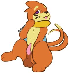 2021 2_tails balls buizel erection feral fur genitals hand_on_face looking_at_viewer male multi_tail nikorieru nintendo nude orange_body orange_fur penis pokémon_(species) pokemon purple_eyes sitting smile smirk solo tongue video_games