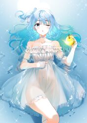 1girls blue_eyes blue_hair dress female frills golden_apple hololive hololive_gen_0 hololive_japan hoshimachi_suisei light_skin long_hair navel santai_(artist) see-through see-through_clothing solo virtual_youtuber water wink