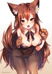 1girls animal_ears animal_tail brown_hair bunnysuit fang gloves kagerou_imaizumi light-skinned_female light_skin looking_at_viewer marota_(imyme_maro) open_mouth paw_gloves pov pov_eye_contact slight_blush solo solo_female tagme touhou