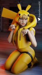 1girls 3d apex_legends blonde_hair blue_eyes cat_pose clothed cosplay female female_only francis_brown jumpsuit kneeling lipstick looking_at_viewer nintendo pikachu_(cosplay) pikachu_ears pokemon pokemon_(cosplay) short_hair skin_tight smiling thick_thighs tight_fit twitter_username wattson_(apex_legends)