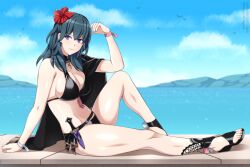 1girls alternate_costume arm_support armpit_crease bangs bikini black_bikini black_cape black_swimsuit blue_eyes blue_hair blue_sky breasts byleth_(fire_emblem) byleth_(fire_emblem)_(female) byleth_(summer)_(fire_emblem)_(female) cape cleavage closed_mouth cloud commission dagger day english_commentary feet female female_only fire_emblem fire_emblem:_three_houses fire_emblem_heroes flower full_body groin hair_between_eyes hair_flower hair_ornament hand_up high_heels knife large_breasts legs lindaroze long_hair looking_at_viewer midriff navel nintendo ocean official_alternate_costume outdoors paid_reward_available sandals shadow sidelocks single_bare_shoulder sitting sky smile solo swimsuit thighs toes weapon wrist_guards