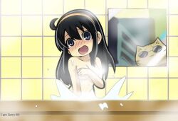 1girls animated bathroom bathtub black_hair black_text blush breasts cat doraemon:_nobita_no_biohazard english_text glasses hairband indoors long_hair looking_at_viewer medium_breasts mirror nude nude_female open_mouth seina_midorikawa text water