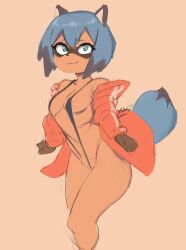 anthro blue_eyes blue_hair brand_new_animal breasts brown_body brown_fur canid canine clothed clothing female fluffy fluffy_tail fur hair hatsumiilkshake hi_res jacket mammal michiru_kagemori raccoon_dog simple_background small_breasts smile solo studio_trigger swimwear tanuki topwear tuft
