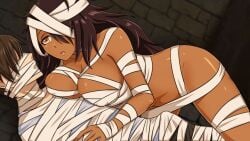 1girls bandage bandage_over_one_eye big_breasts black_hair breast_press breasts cowgirl_position dark-skinned_female dark_skin erection femdom frostworks long_hair matt_(quest_failed) monster monster_girl mummy nefertari_(quest_failed)