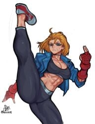 1girls abs al3s athletic athletic_female big_breasts blonde_hair blue_eyes blush cammy_white capcom cleavage crop_top female female_only fingerless_gloves fully_clothed leggings light-skinned_female light_skin looking_at_viewer navel solo solo_female solo_focus standing_on_one_leg street_fighter street_fighter_6 sweat sweatdrop thick_thighs toned_female white_background