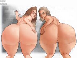 2girls ass bent_over big_ass big_butt bubble_ass bubble_butt butt dat_ass fat_ass female female_only hand_on_ass huge_ass huge_butt large_ass looking_at_viewer looking_back mole mole_on_ass multiple_girls thick thick_ass tommoku voluptuous wide_hips