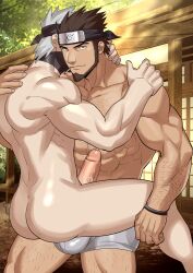 2boys ass back_muscles biceps boner bulge cigarette embracing embracing_another erect_penis erection foreskin gay hairy hard_on hatake_kakashi headband kakashi_hatake kienbiu looking_at_viewer male male_only muscles muscular muscular_male naruto nude penis sarutobi_asuma uncircumcised uncut underwear veiny_penis