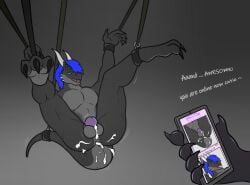 abuse akor anthro ass bodily_fluids bondage bound chastity_cage chastity_device cum dragon filling_(disambiguation) genital_fluids humiliation male malesub nude suspension