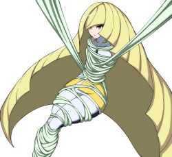 1girls blonde_hair bondage bound green_eyes hi_res long_hair looking_at_viewer lusamine_(pokemon) nintendo okra_sticky pokemon pokemon_sm restrained solo spider_web tied tied_up web_bondage