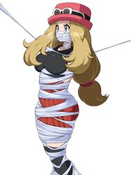 1girls blonde_hair bondage bound breasts gag gagged grey_eyes hat hi_res long_hair nintendo okra_sticky pokemon pokemon_xy restrained serena_(pokemon) skirt solo spider_web stockings tied tied_up web_bondage web_gag