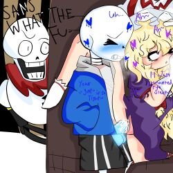 1girls 2boys 2d ahe_gao artist_request big_penis blonde_hair blush caught caught_in_the_act clothed_rape crossover cum cum_in_pussy cum_inside english_text female glowing_penis humanoid light-skinned_female male papyrus rape sans sex skeleton talking text touhou undertale undertale_(series) vaginal_penetration wall_sex yukari_yakumo