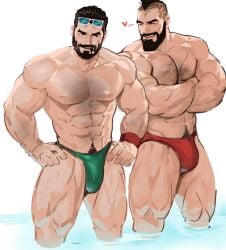 <3 2boys abs arms_crossed atreus_(league_of_legends) bara beard big_muscles big_pecs black_hair blue_sunglasses brown_hair bulge chest_hair cigar cigar_in_mouth dilf dopq duo duo_focus facial_hair gay green_speedo hairy hairy_chest hairy_male hands_on_hips happy_trail human human_only league_of_legends light-skinned_male light_skin malcolm_graves male male_only manly mature mature_male mohawk muscles muscular muscular_male muscular_thighs pantheon pecs pectorals pubic_hair red_speedo red_wristband six_pack smile smiling smiling_at_partner speedo speedo_only standing sunglasses_on_forehead swimwear water white_background